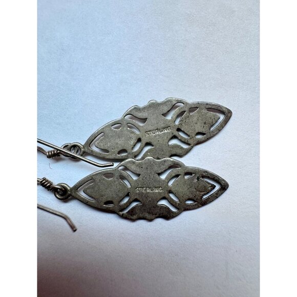 Estate Vintage Sterling Silver 925 Filigree Marquise Dangle Earrings 3g - Picture 5 of 8